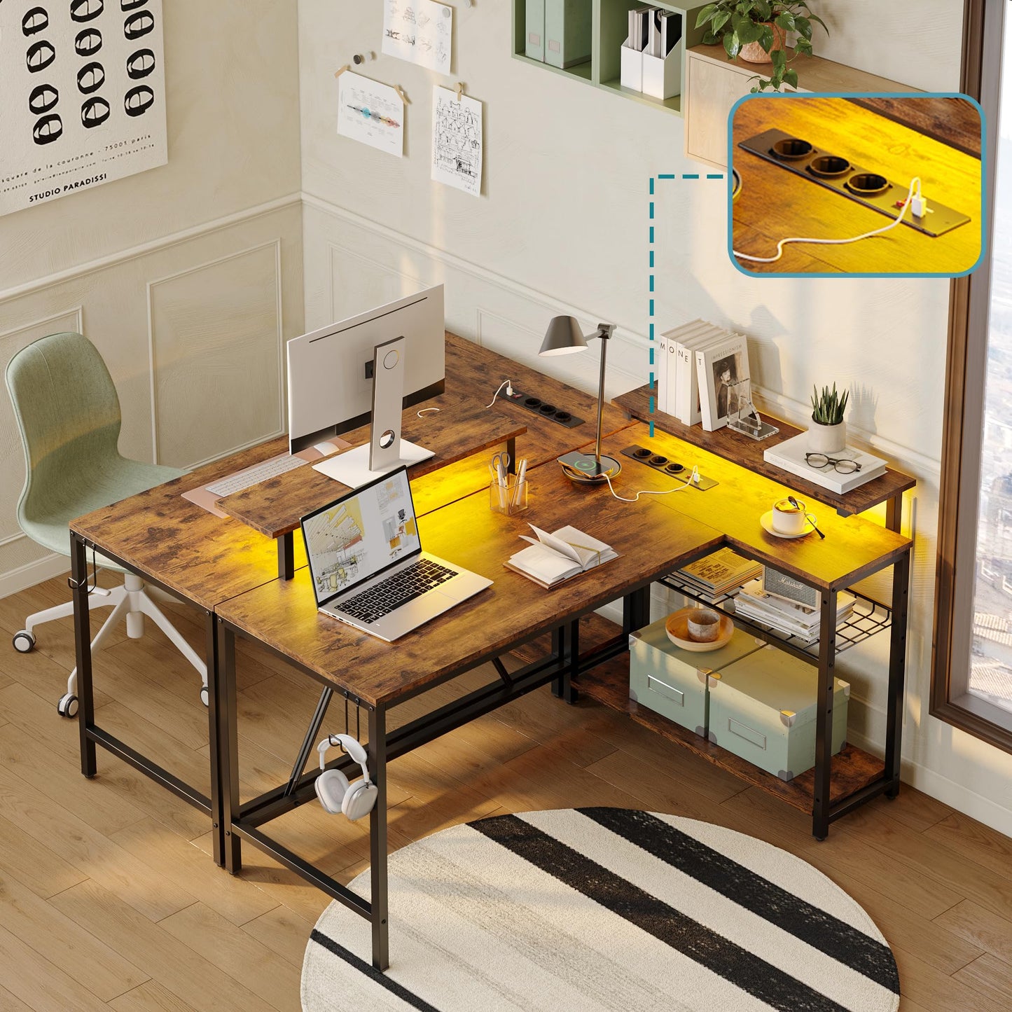 Bestier 132 cm L-förmiger Schreibtisch mit Steckdosen & LED-Beleuchtung, umkehrbarer Eckschreibtisch mit Regalen, großer PC-Arbeitsplatz mit Haken für Home Office und Schlafzimmer