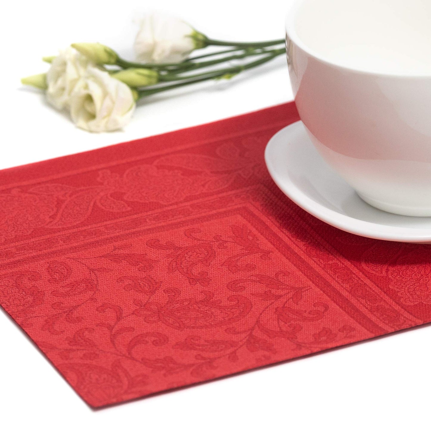 Papstar Servietten / Tissueservietten rot "Royal Collection", "Ornaments" (50 Stück) 40 x 40 cm, 1/4-Falz, für Gastronomie, Haushalt oder Feste, FSC-zertifiziert, Stoffoptik, #11667
