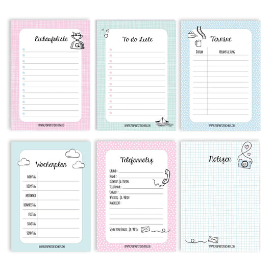 Papierdrachen 6 Notizblöcke für Termine, Wochenplaner, to do Liste, Einkaufslisten und mehr - Tagesplaner und Wochenplaner Pastell - Ideal für Schule, Uni und Haushalt - Notizblock - DIN A6