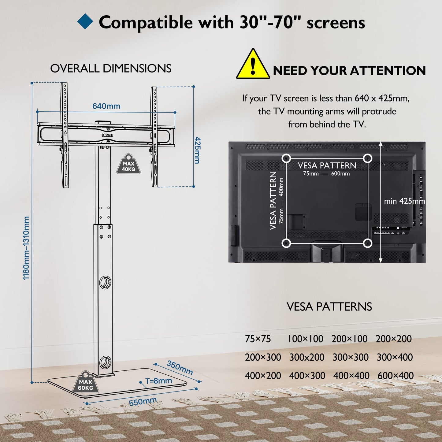 BONTEC TV Ständer Standfuß Fernsehstand für 30-70 Zoll Flach & Curved Fernseher bis zu 40 kg, Schwenkbar & Höhenverstellbar, TV Bodenständer Hoher, Max. VESA 600 x 400 mm