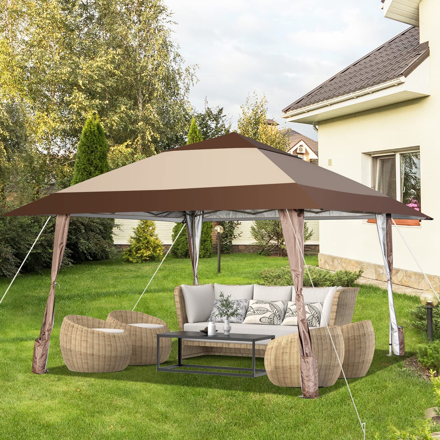 COSTWAY 4x4m Faltpavillon, Pop Up Pavillon mit Rollen, wasserdicht, UV-Schutz 50+, Partyzelt Gartenpavillon für Garten Party Hochzeit und Festival, inkl. mit Tragetasche