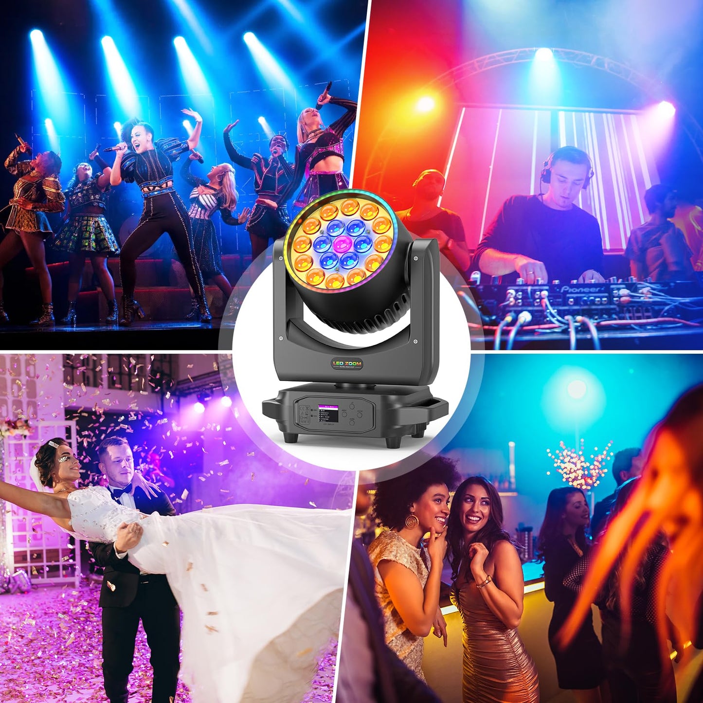 19 LED 285W Wash Zoom Moving Head Licht, RGBW 4 in 1 Professionelles Focus Dye Bühnenlicht mit Lichtstreifen und 4 Steuerungsmodi für Party KTV Konzert DJ Weihnachten Hochzeit Feiern