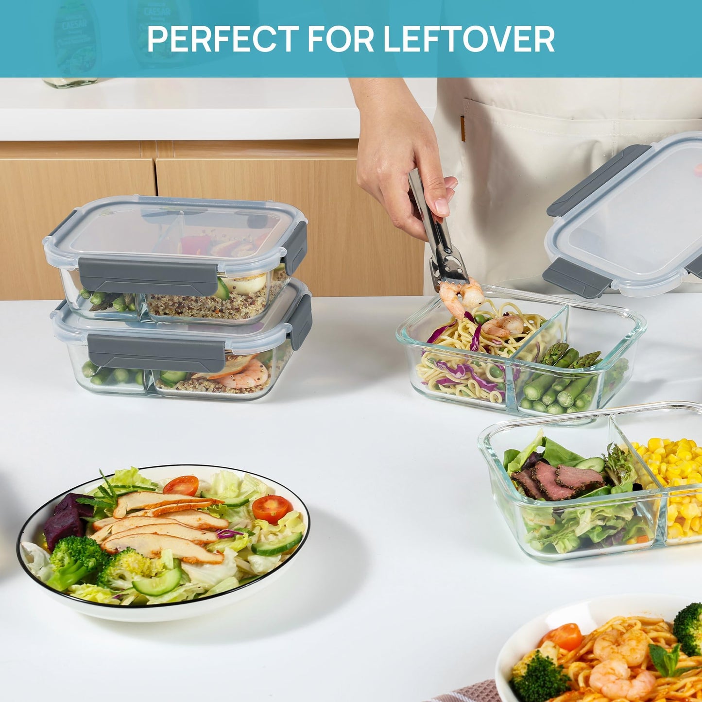 Vtopmart 5er 33oz Meal Prep Boxen, Glasbehälter mit Deckel, Frischhaltedosen Glas mit Deckel für Mikrowelle, Ofen, Gefrierschrank und SpüLmaschine