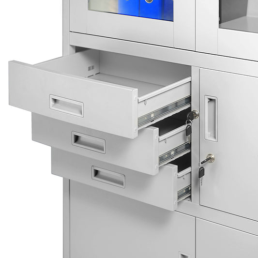 Jan Nowak Aktenschrank C018S Büroschrank Metallschrank Tresor Safe Geheimfach Flügeltüren Schubladen Pulverbeschichtung Stahlblech 185 cm x 90 cm x 40 cm (H x B x T) (Grau)