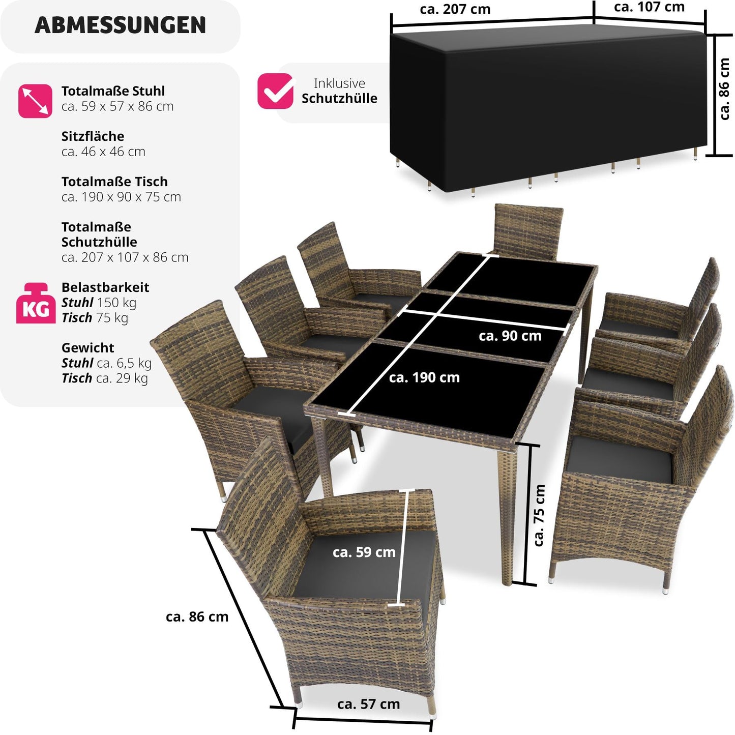 tectake Aluminium Poly Rattan Gartenmöbel Set 8 Stühle mit Tisch mit Glasplatten, inkl. 2 Bezugssets und Schutzhülle, wetterfeste Balkon Möbel - Natur
