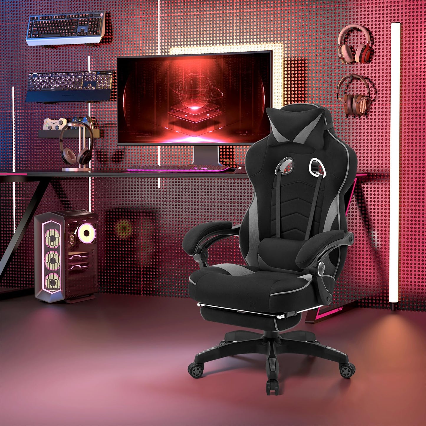 WOLTU Gaming Stuhl Stoff Atmungsaktiv Bürostuhl Gaming Chair Ergonomisch mit Lendenkissen, Gamer Stuhl 150 kg Belastbarkeit PC-Stuhl mit Große Rückenlehne & Sitzfläche, Schwarz+Grau