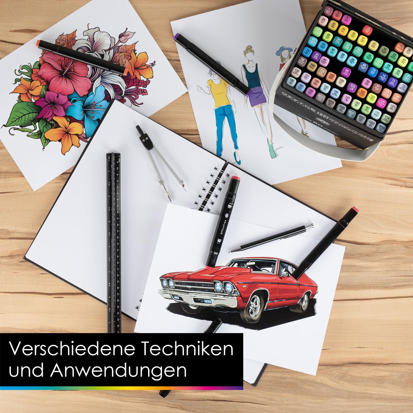 OfficeTree 80er Alkohol Marker Set - Filzstifte für Erwachsene mit Stifte Box - Marker Stifte Set mit Farbcodes - Alkohol Stifte zum Zeichnen & Malen - Twin Marker auch als Manga Stifte
