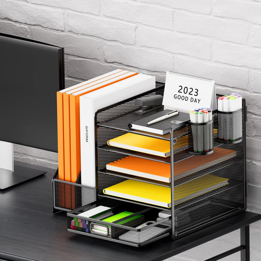 Restorgan Schreibtisch Organizer mit Aktenhalter, 5-stufiger Papier Organizer mit Schublade und 2 Stifthaltern,Mesh Schreibtisch Akten Organizer mit Zeitschriftenhalter für büro organizer schreibtisch