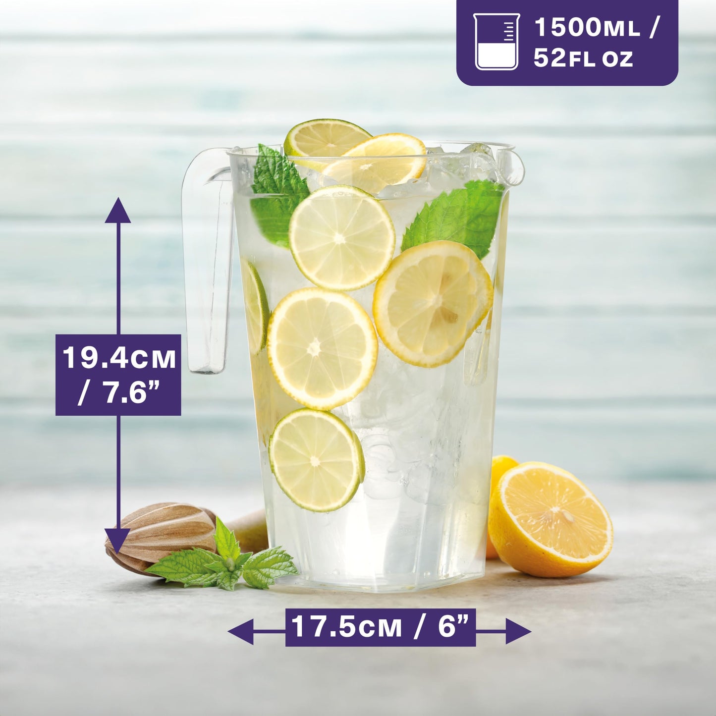 MATANA 6 Kunststoff Krüge (Durchsichtig, 1,5L) - Wasserkrug, Cocktail Krug, Saftkanne, Wasserkanne, Karaffe Plastik, Wasserkaraffe - Geburtstage, Hochzeiten, Grillpartys - Stabil & Mehrweg