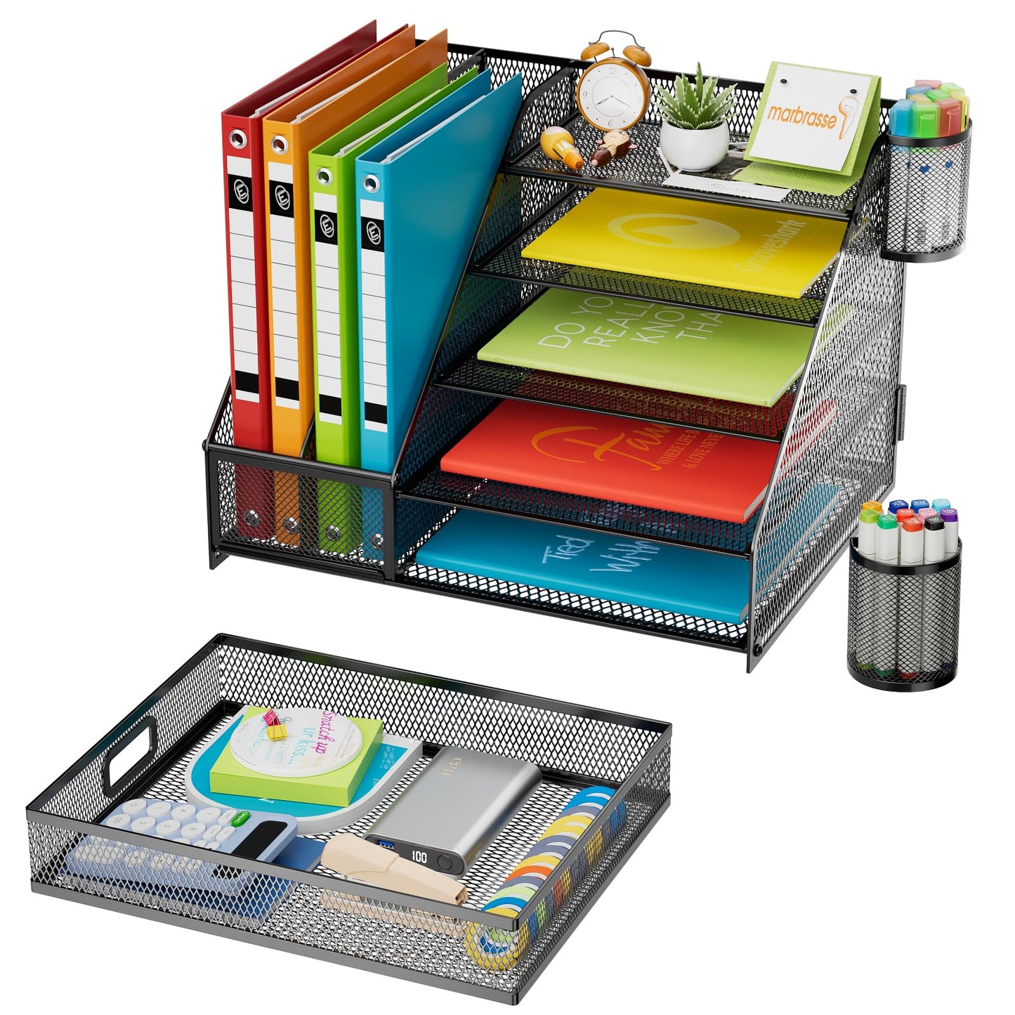 Marbrasse Schreibtisch Organizer,5-Stöckig,Papier-Briefablage mit Schublade,2 Stifthalter,Netz-Schreibtisch-Organizer, Zubehör,Aufbewahrung für Heimbürobedarf (Einseitiger Buchständer)