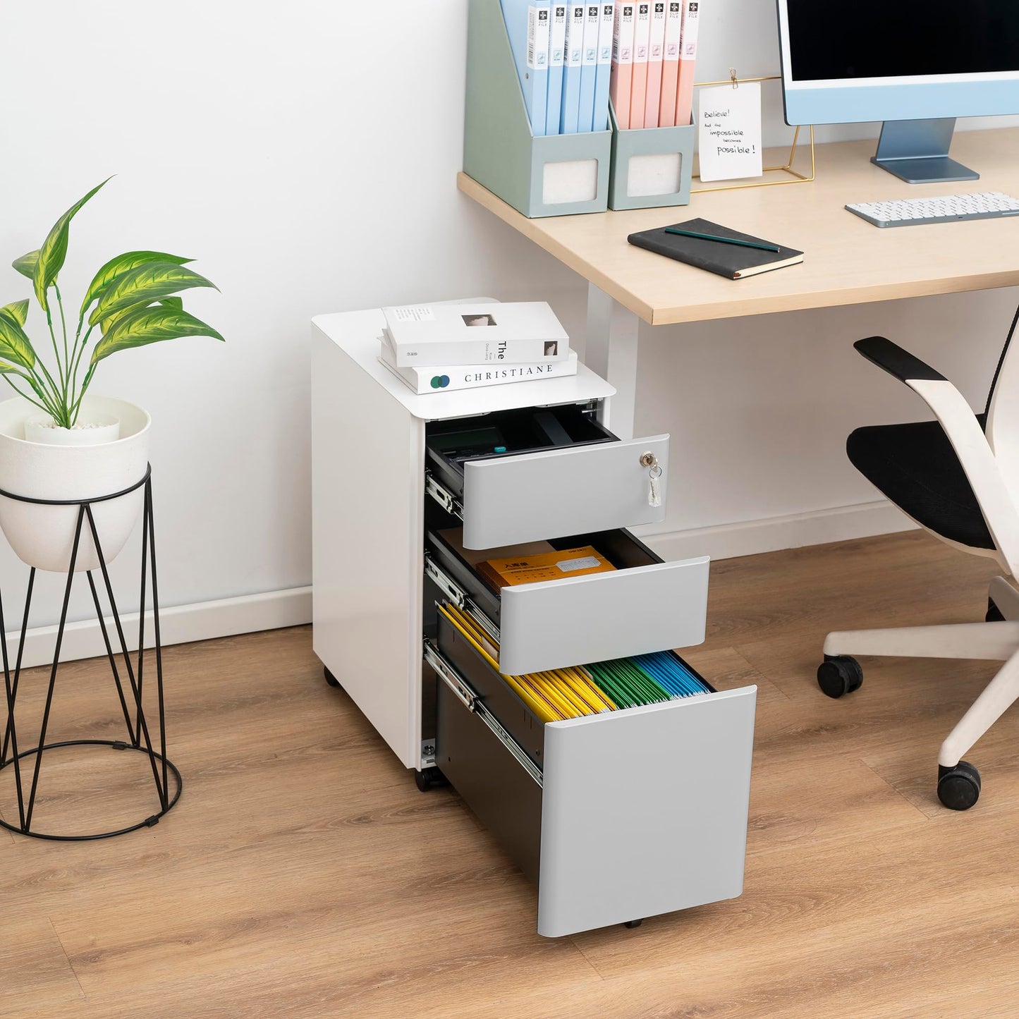 Rollcontainer mit Schubladen, Aktenschrank Abschließbar Metall, Mobiler Metallschrank für Home Office, für Rechts-/Rechtliches/Briefgröße, Komplett Montiert, Aktenschrank Weiß + Grau