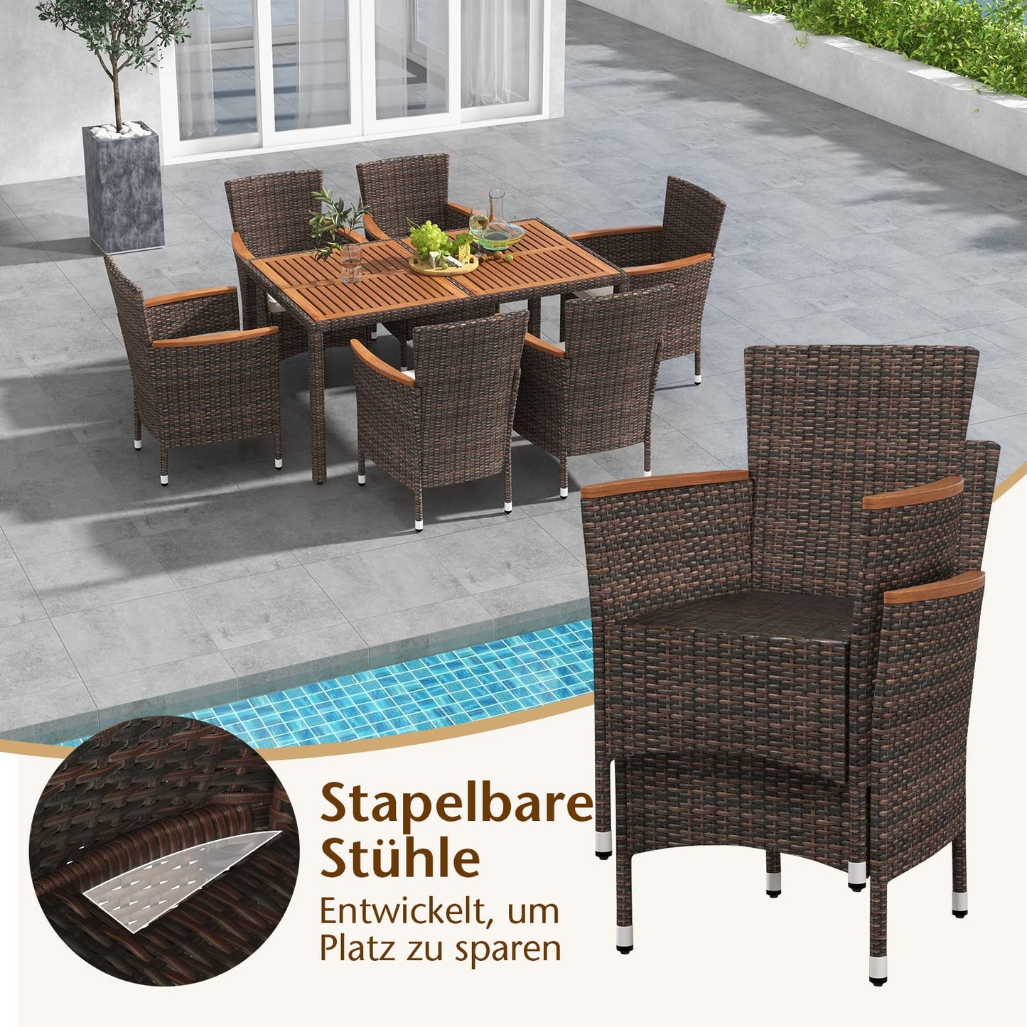 COSTWAY 7 TLG. Rattan Gartenmöbel Set, Sitzgruppe für 6 Personen, Gartentisch mit Tischplatte aus Akazienholz, 6 stapelbare Stühle & Kissen, Terrassenmöbel Set, Gartengarnitur, Sitzgarnitur, Essgruppe