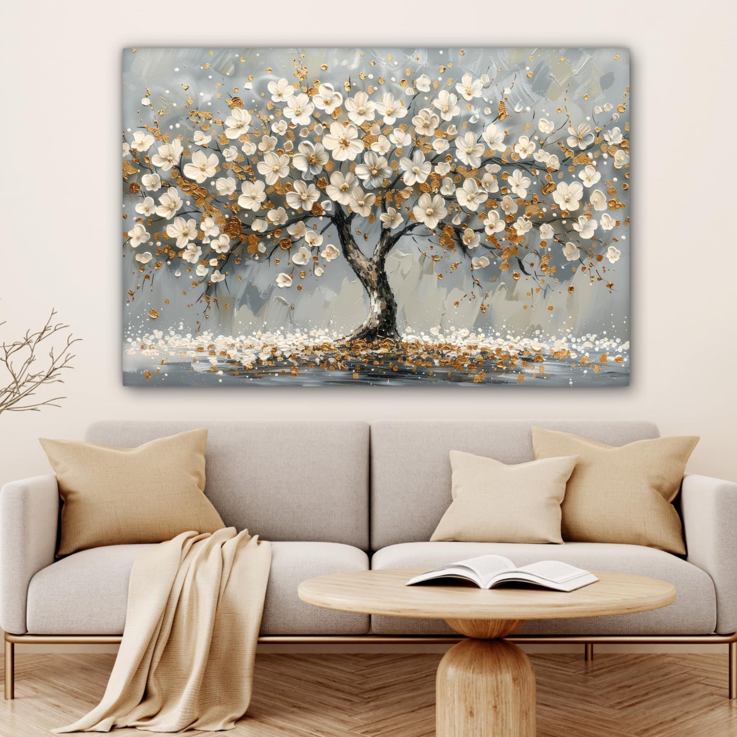 MuchoWow© Leinwand Bilder Groß 120x80 cm XXL Wanddeko Wohnzimmer Aesthetic Room Decor Deko Zimmer Wandbilder Modern Bild auf Leinwand Baum - Blumen - Weiß - Natur - Kunst
