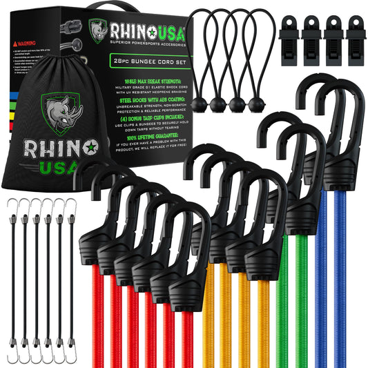 RHINO USA Bungee-Seile mit Haken – Robustes 28-teiliges Sortiment für den Außenbereich mit 4 kostenlosen Planen-Clips, Kordelzug-Organizer-Tasche, Baldachin-Krawatten und Ball-Bungees