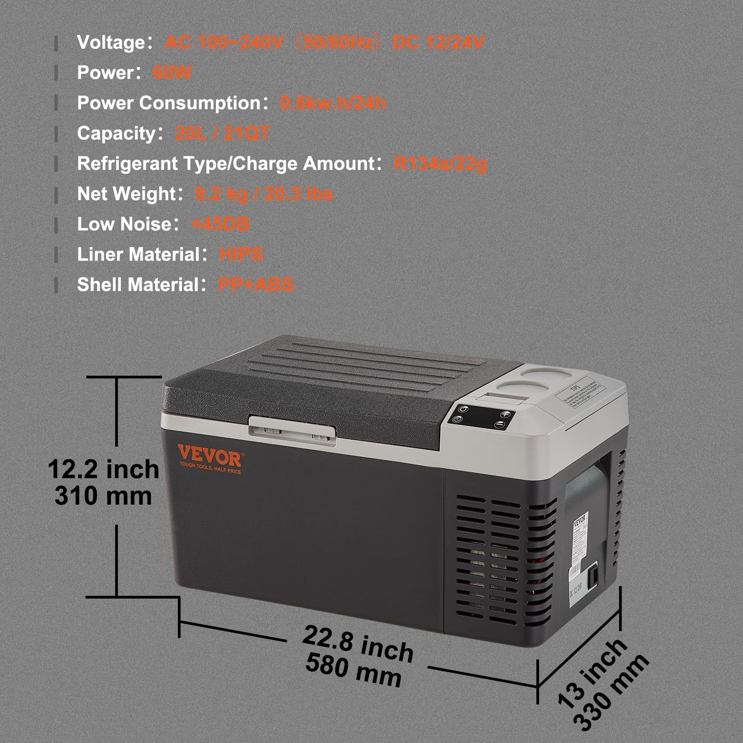 VEVOR 20 L Kühlbox 12/24 V Tragbarer Kühlschrank, Elektrische Gefrierbox Klein Gefrierschrank -20~10 ℃, Elektrische Kompressor Kühlbox 580 x 330 x 310 mm für Auto, Camping, Lkw, Boot usw.