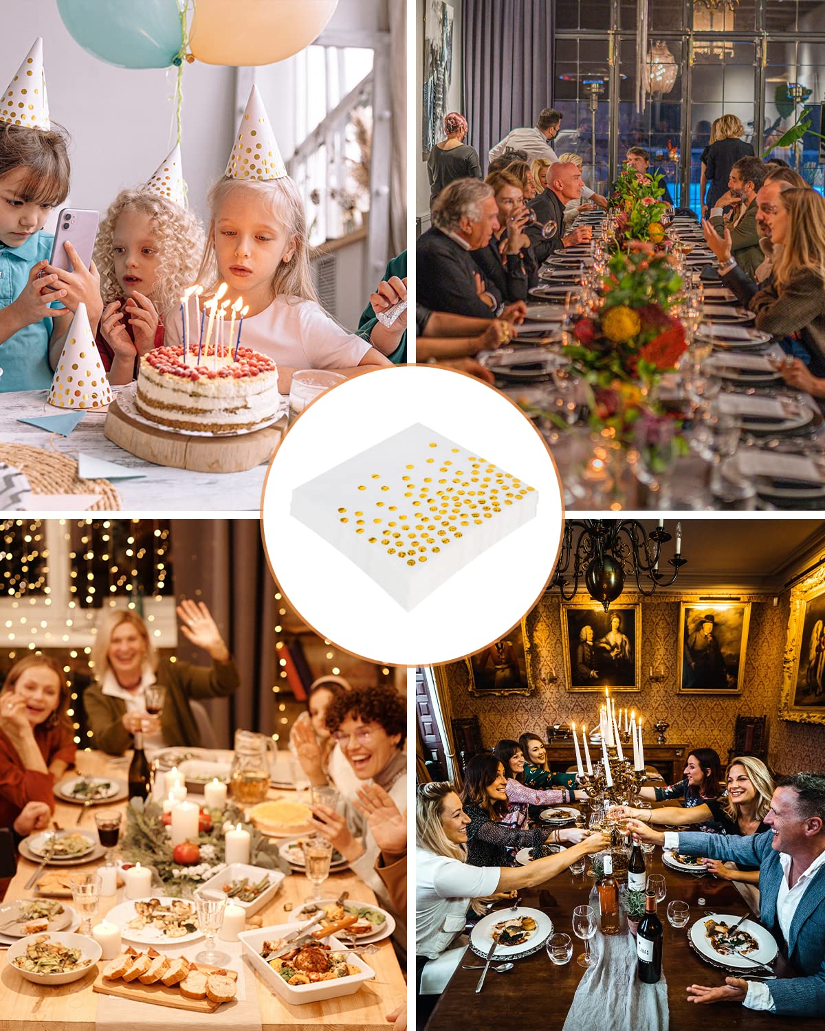60 Stücke Servietten Gold Dots,3-lagig Golden Foiled Papierservietten Paper Napkins,Servietten weiß für Deko Party,Geburtstag, Hochzeit