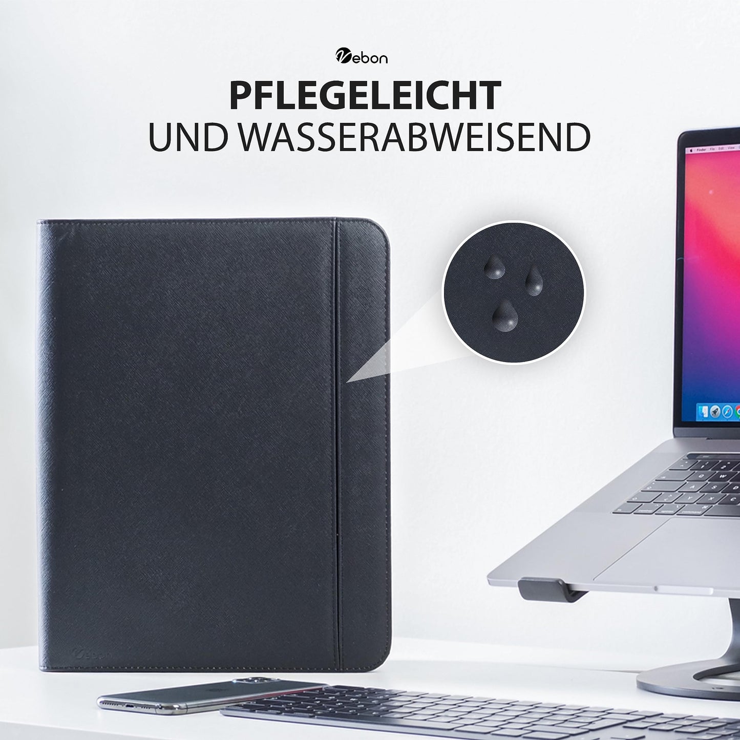 Vebon® Schreibmappe Ringbuch A4"Paris" I Reißverschluss + Klemmbrett I Dokumentenmappe + Laptoptasche I extra Stauraum I Kunstleder I Schwarz