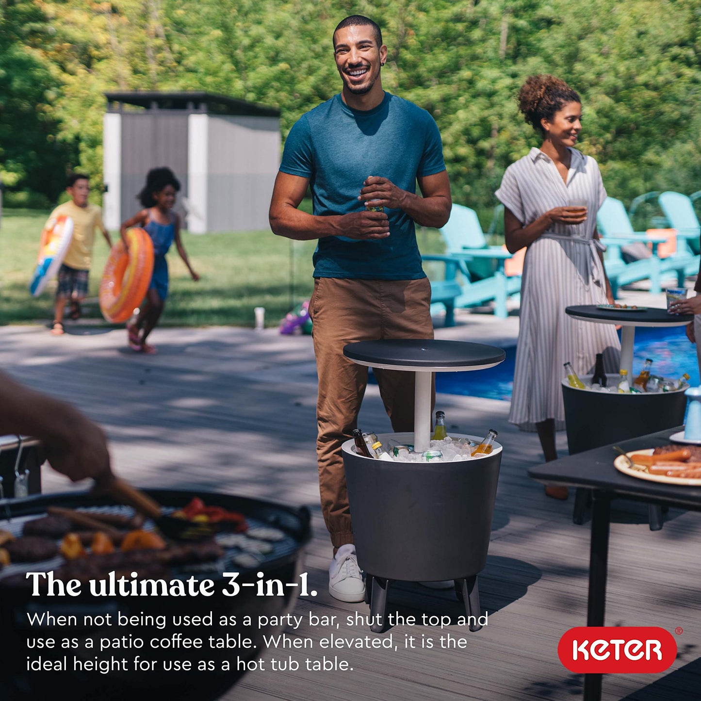 Keter Moderne Coole Bar-Outdoor-Terrassenmöbel und Whirlpool-Beistelltisch mit 2,5 l Bier- und Weinkühler, Dunkelgrau