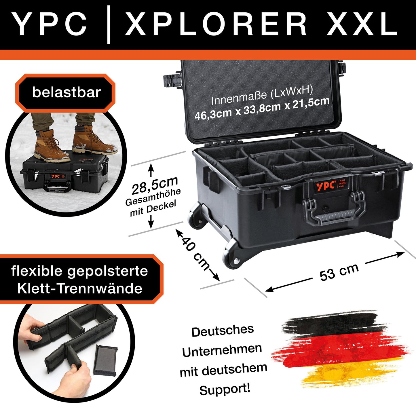 YPC Xplorer Case XXL – 53cm x 40cm x 28,5cm Trolley Outdoor Case, Fotokoffer gepolstert wasserdicht, Kamera Koffer Hardcase, Transportkoffer für Drohne, stapelbar