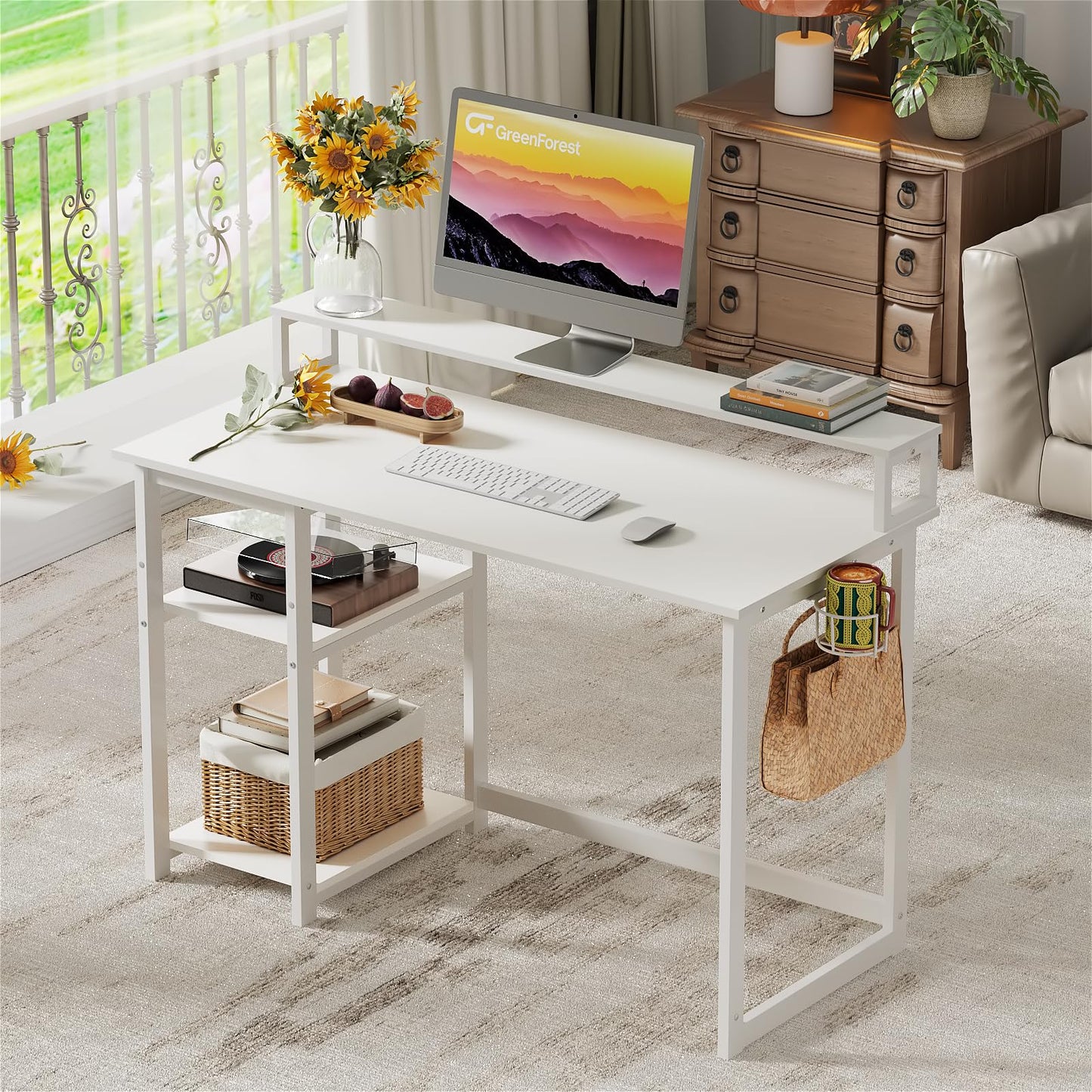 GreenForest 100 x 50 cm Schreibtisch Weiß mit Regal und Monitorständer, Kleiner Schreibtisch Klein, Sekretär Schreibtisch Weiss, Bürotisch für Home Office, Reinweiß