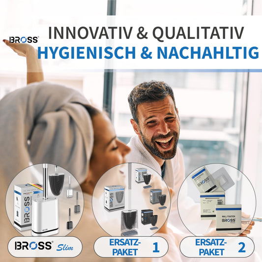 BROSS® Klobürste Silikon - Patentierte Toilettenbürste - Klobürste Weiss - WC Bürste & Klobürstenhalter mit Wandmontage & TurboTrocknung - Innovativ & Antibakteriell - 1er Set