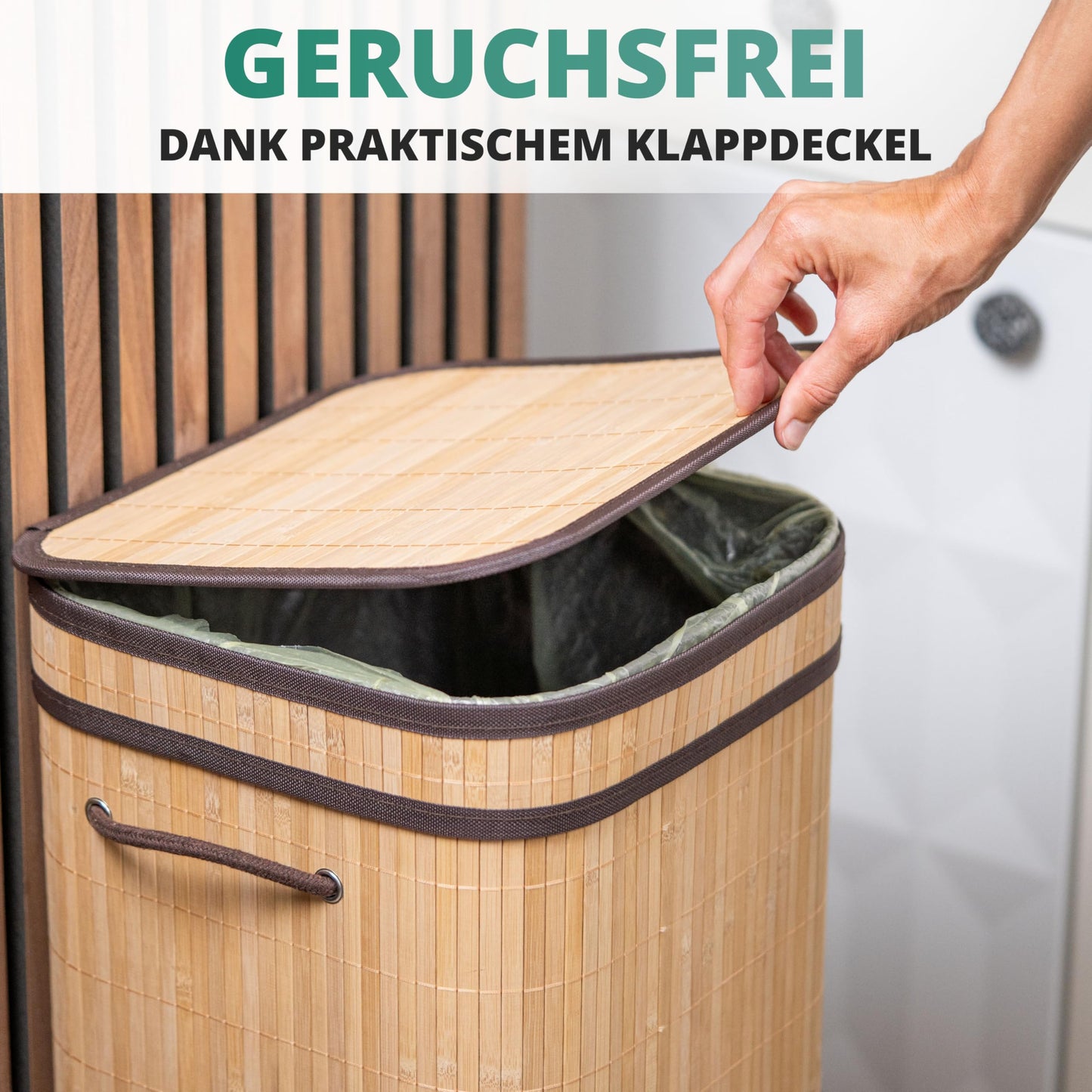HOMELYN Gelber Sack Ständer I 80L, aus Bambus I Stabiler Müllsackständer mit Deckel I Extra für gelbe Säcke I Gelber Sack Mülleimer I Behälter gelbe Säcke für Küche & Haushalt