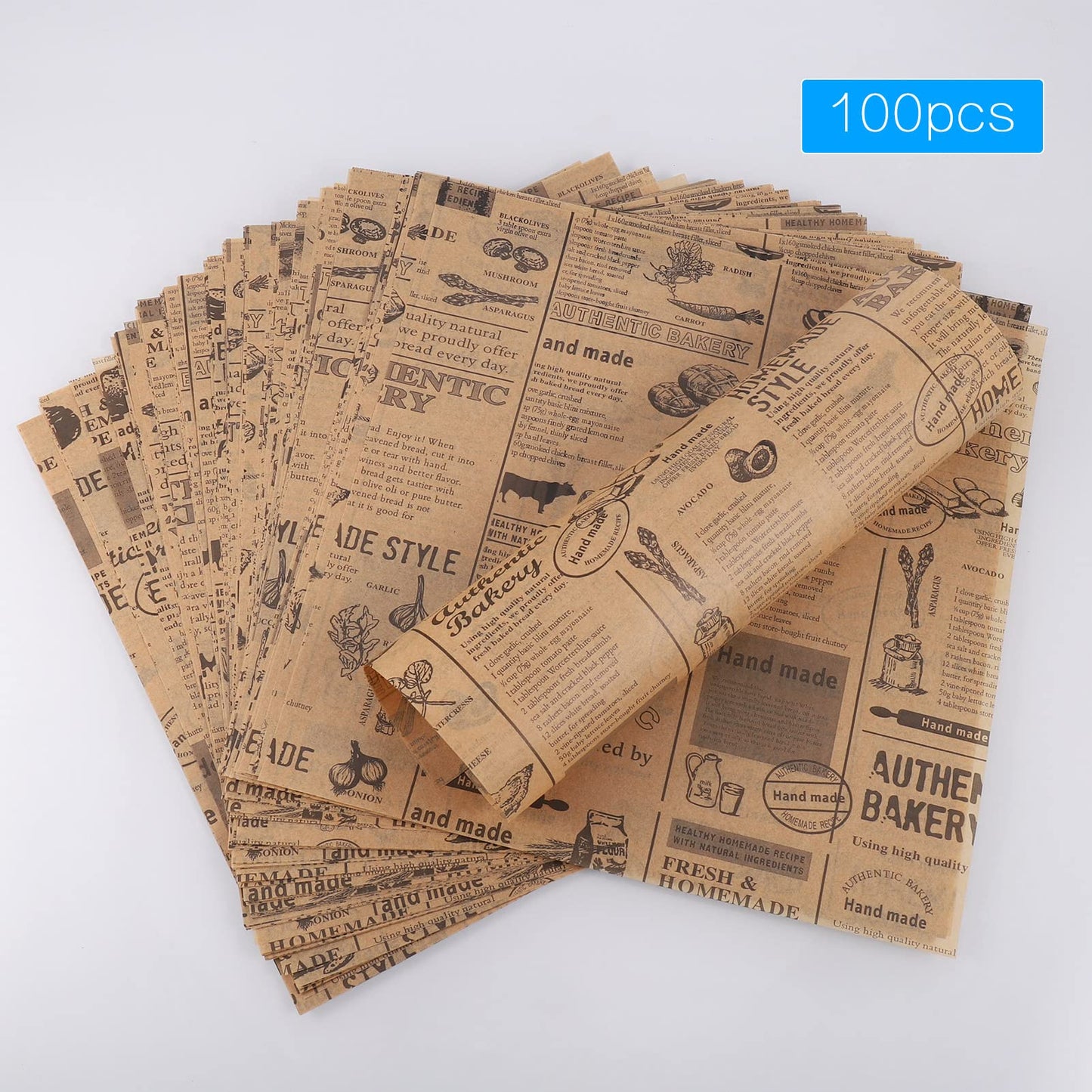 Hejo 100 Blätter Deli Papierblätter, Pommes Papier für Korb, Umweltfreundliches Backpapier, Burger Papier, Wrap Papier für Burger, Butterbrot, Käse, Pommes (25x25cm)