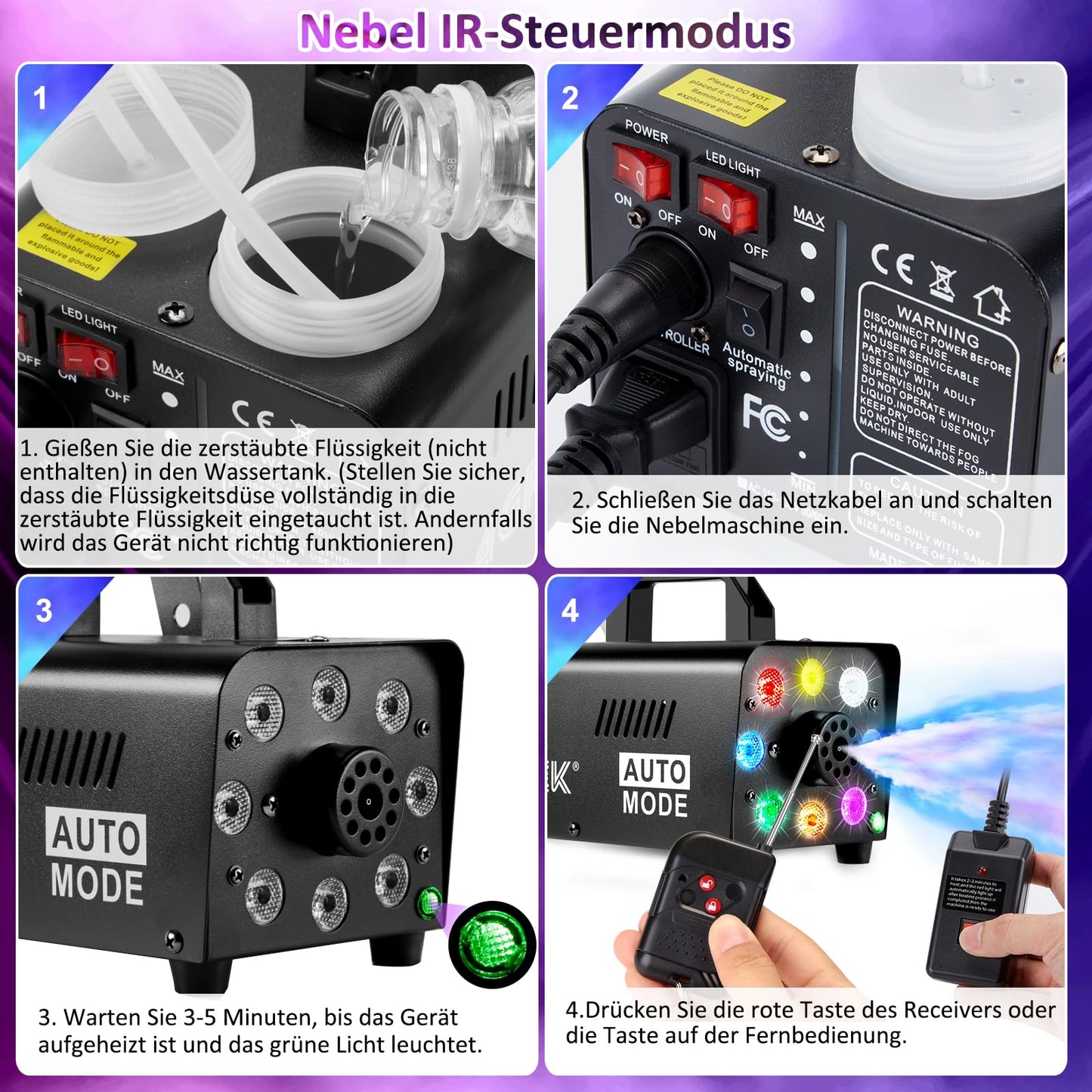 Nebelmaschine, AGPtEK Nebel Maschine mit kabelloser Fernbedienung UND LED Licht, 500 WATT Stabil & Tragbar, Passend für Halloween, Weihnachten, Hochzeitsfeiern & Bühnenauftritte usw