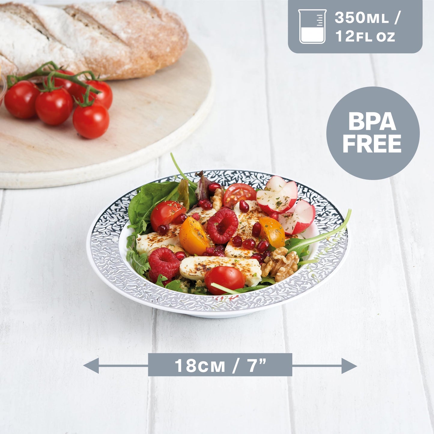 MATANA 20 Weiße Plastikschalen mit Silbernem Rand, 360ml - Dessertschalen, Suppenschalen, Suppenteller für Hochzeiten, Geburtstage, Taufen, Weihnachten & Partys - Mehrweg & Stabil