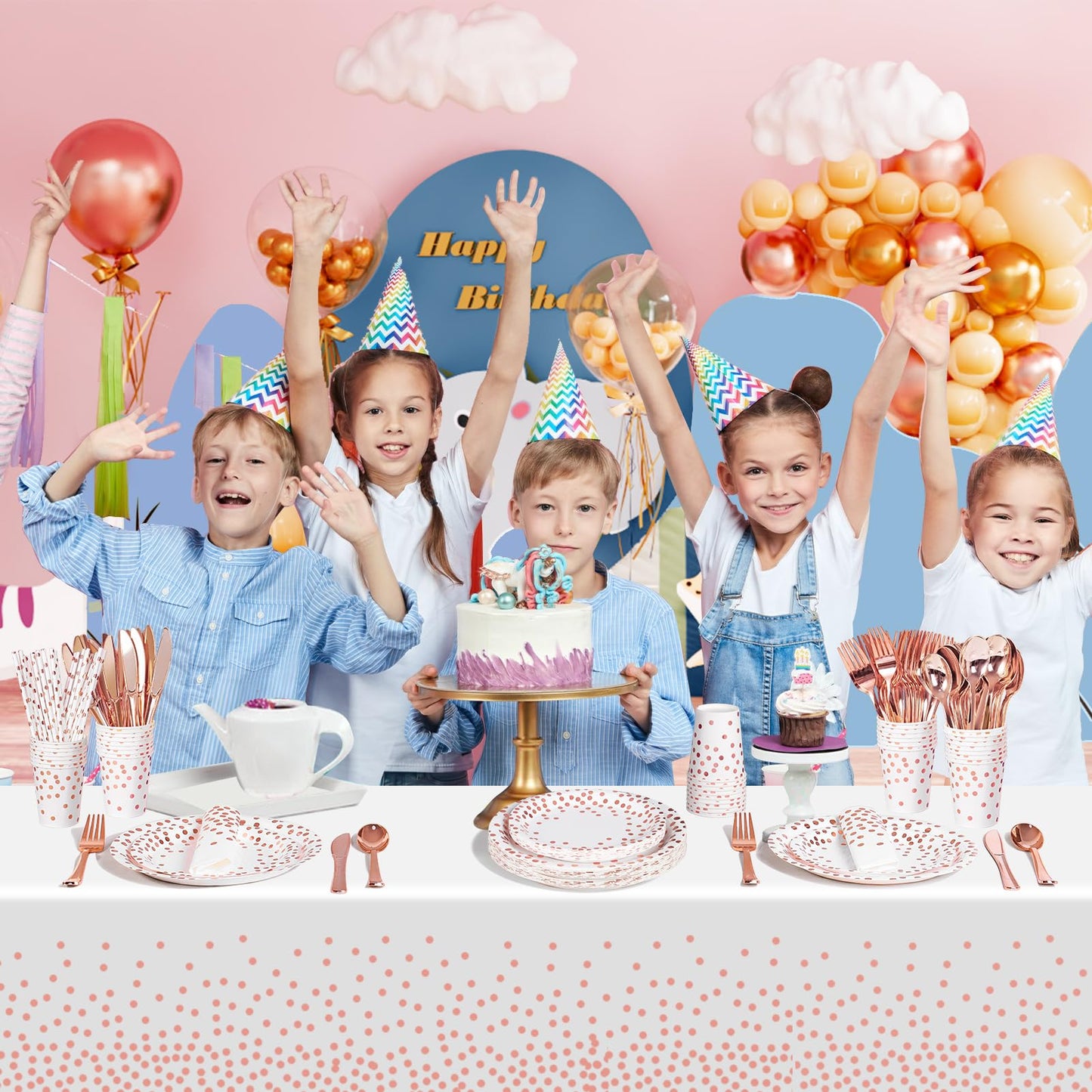 AIPartywar Partygeschirr Kindergeburtstag 226 Stück Rosagold Pappteller Mädchen Party Geschirr Set Geburtstagdeko mit Pappbecher, Pappteller, Tischdecke und Servietten und Strohhalme 25 Gäste