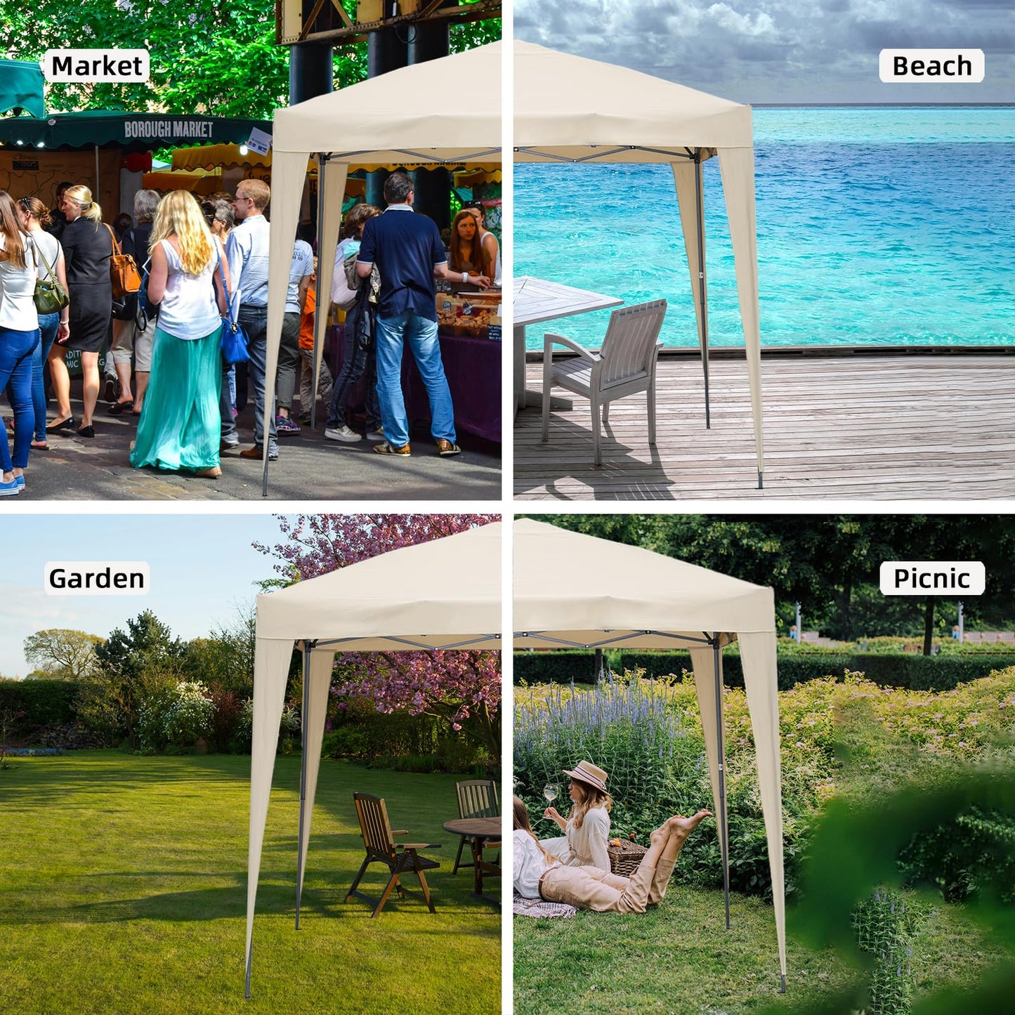 Angel Living 2.5 x 2.5M Faltbarer Pop up Pavillon Outdoor,Faltpavillon Gartenzelt Partyzelt,UV-Schutz 50+,2 Seitenwänden mit Reißverschlüssen für Außen, Garten, Camping Beige
