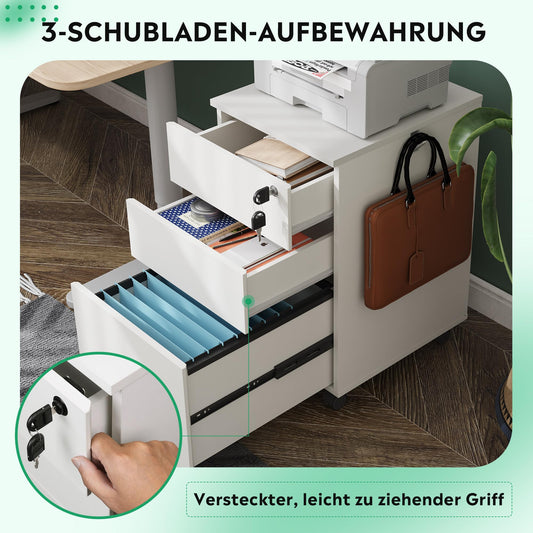 DEVAISE Rollcontainer, Aktenschrank Abschließbar mit 3 Schubladen, Büroschrank für A4/Legal/Letter, Kratzfest, Wasserdicht, für Home-Office, Weiß