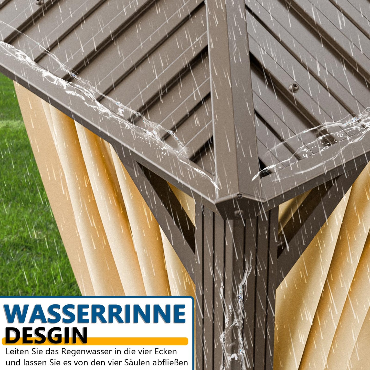 HOTEEL 3x3.65m Hardtop Pavillon Wasserdicht Stabil Winterfest, Gartenpavillon Metall mit Verzinkter Stahl Doppeldach, Alu-Rahmen, Schwer Entflammbare Vorhänge & Moskitonetz, Braun (2025 Aufrüstung)