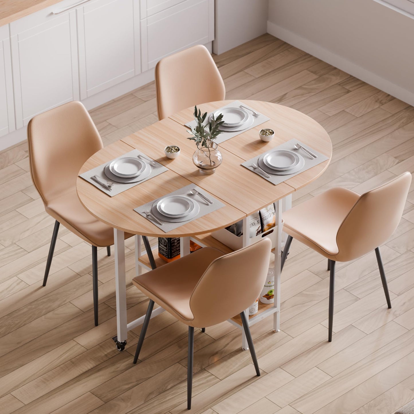 Mondeer Mobiler Klappbarer Esstisch, Klapptisch mit 2 Offenen Ablagen, Rundes Kanten Design, Kleine Räume Esszimmer Küche, 120 x 80 x 75 cm, Eiche und Weiß