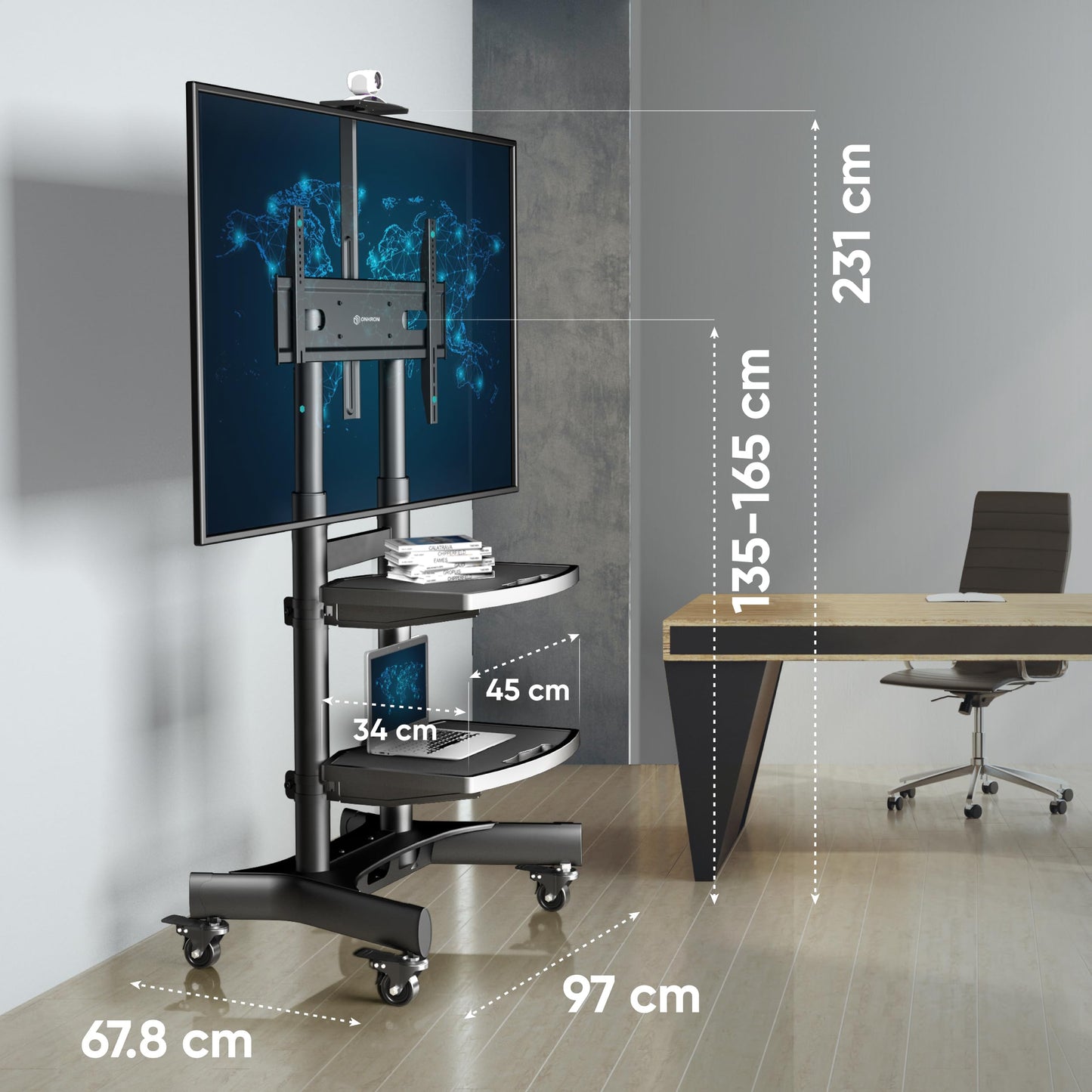 ONKRON Mobiler TV Ständer rollbar - TV Standfuss schwenkbar & höhenverstellbar für 50-86 Zoll LED Flach&Curved TV Standfuß VESA 800x500 bis zu 90.9 kg Schwarz