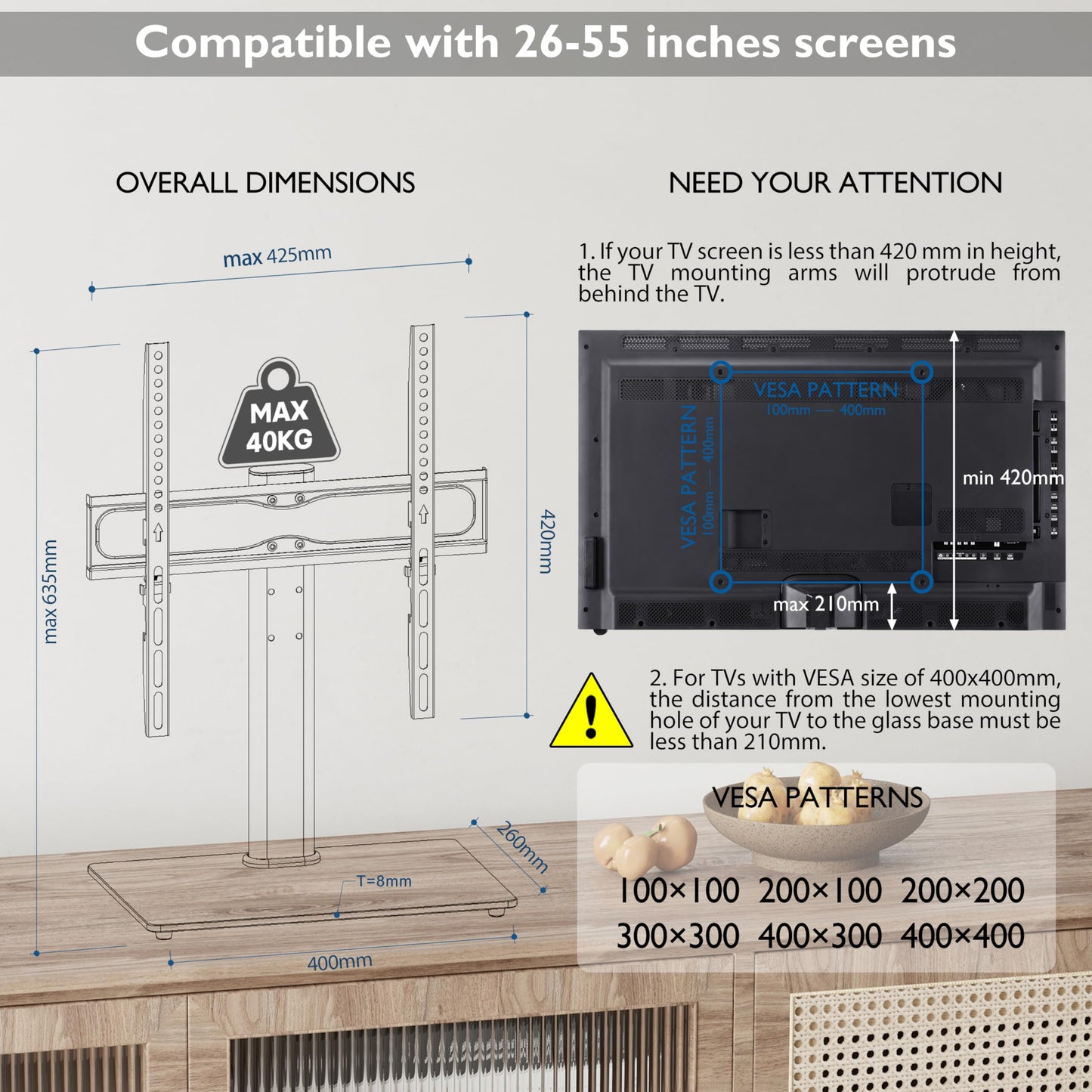 BONTEC TV Standfuß TV Ständer Universal Höhenverstellbar für 26-55 Zoll LCD LED OLED Plasma Flach & Curved Fernseher oder Monitore bis zu 40KG, Max.VESA 400x400 mm