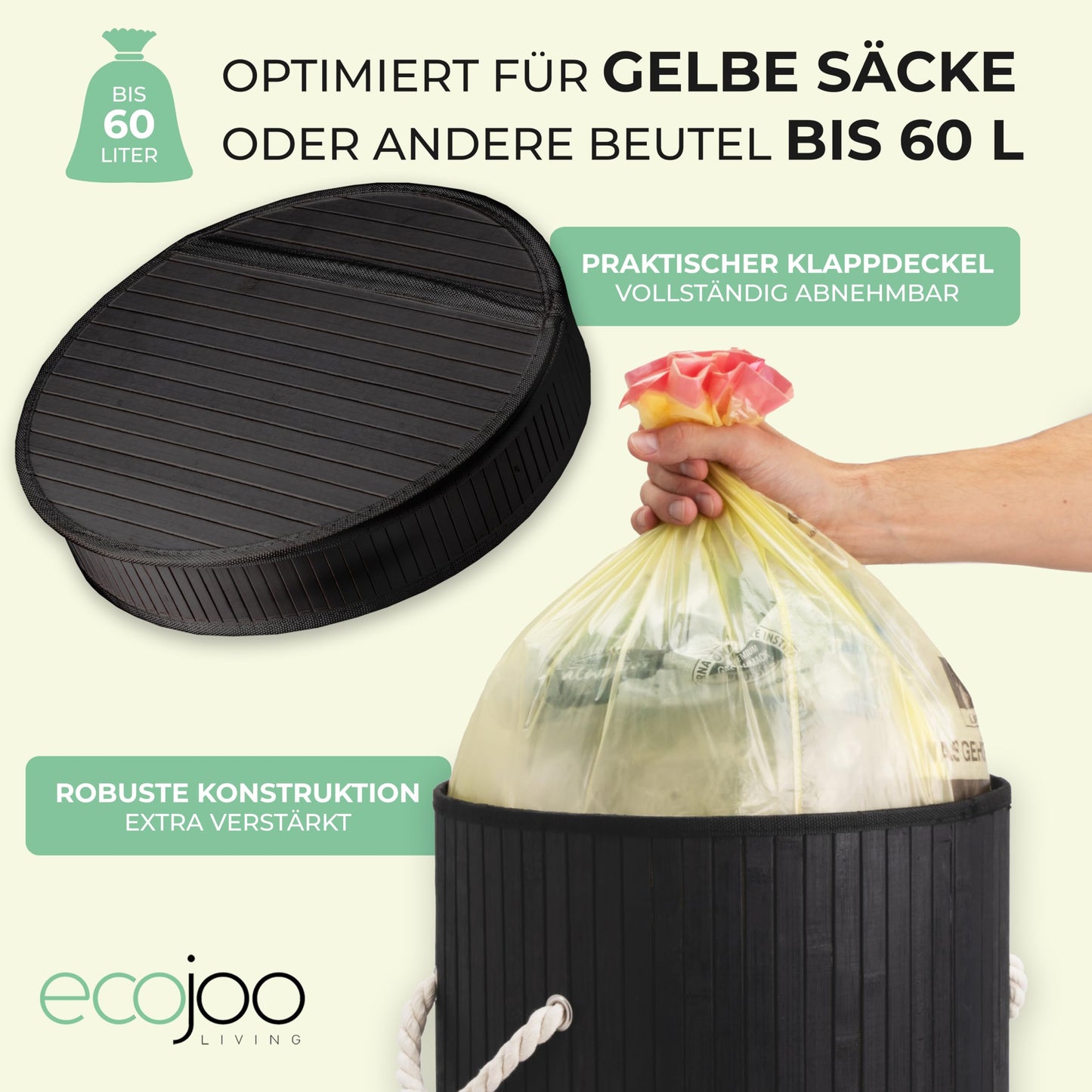 Ecojoo® Premium Gelber Sack Ständer aus FSC®-Bambus -doppelt verstärkt, Mülleimer Küche-geruchsdicht, Müllsackständer, Pfandflaschen Sammelbehälter, Abfalleimer Küche, Mülleimer 60l (schwarz)