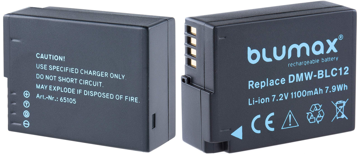 Blumax 2X Akku ersetzt Panasonic DMW-BLC12 / DMW-BLC12-E 1100mAh + Mini Dual-Ladegerät USB | kompatibel mit Lumix DMC: G5 | G6 | GX8 | G70 | G81 | GH2 | FZ200 | FZ300 | FZ1000 | FZ2000 | Leica V-Lux 4