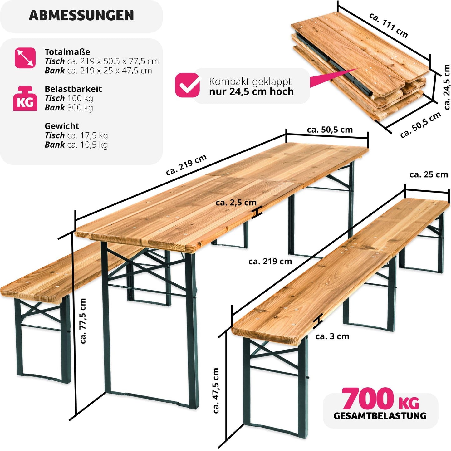 tectake® Bierzeltgarnitur, Festzeltgarnitur, Biertisch, Set 2X Bierbank 1x Tisch klappbar, als Gartenmöbel, Balkon Möbel oder zum Camping, platzsparend, wetterfest und robust