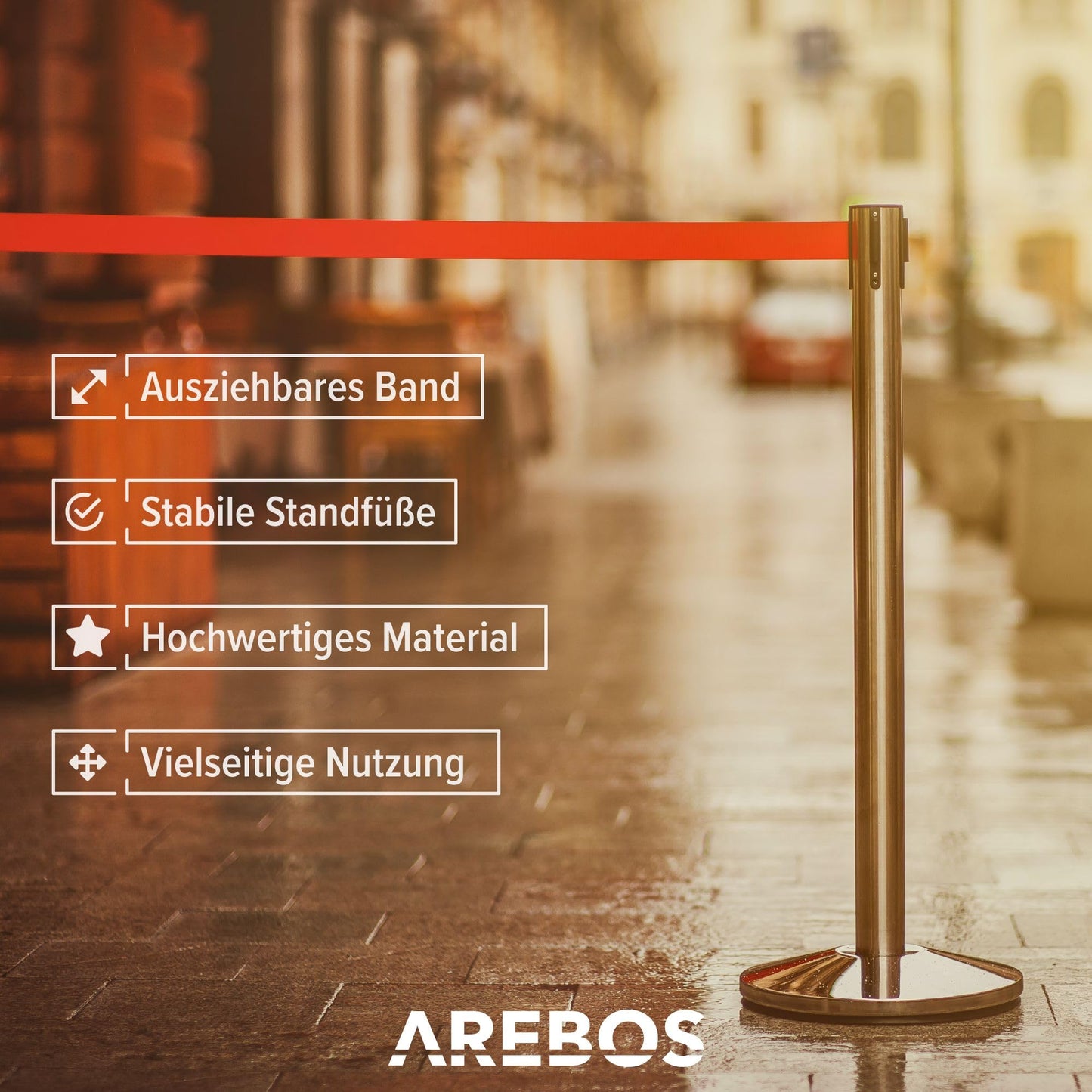 Arebos Personenleitsystem | 2 Stück | Absperrständer | Absperrband | Absperrpfosten | Abgrenzungspfosten | Bandfarbe: Rot | Bandlänge: 190 cm | im Innen- und Außenbereich einsetzbar