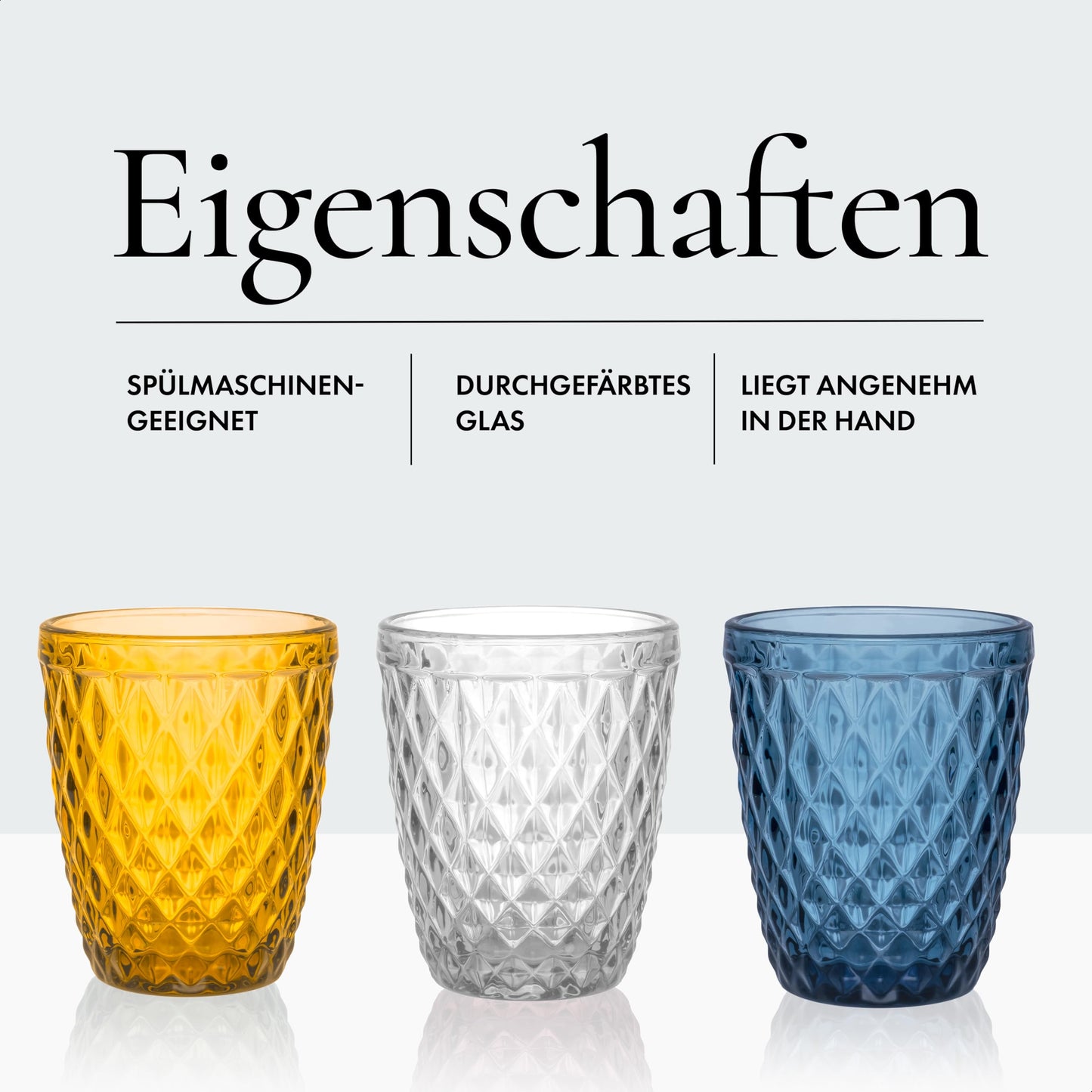 Norqvist Trinkgläser Set bunt - Gläser Set - Wassergläser farbig, Saftgläser - 6er Set 250 ml - Spülmaschinengeeignet - Stapelbar - Modernes Design mit Diamant Muster
