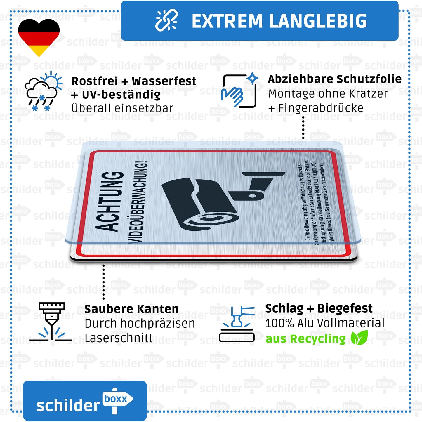 SCHILDERBOXX® Schild Videoüberwachung DSGVO [15x15cm, 100% Alu, 3M Tape] - Aufkleber Videoüberwacht Privatgrundstück, Kameraüberwachung Grundstück Video Überwacht, Achtung Kamera Überwachung