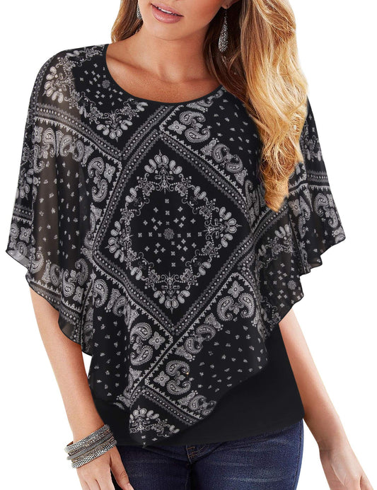 Vafoly Damen Business Casual Top Trendiger Rundhals Fließende Shirt Bedruckter Chiffon Doppellagiger Poncho Tunika Leichte Sommer bluse Unregelmäßiger Saum Modisches Arbeitstop 2022 Schwarz Weiß XXL