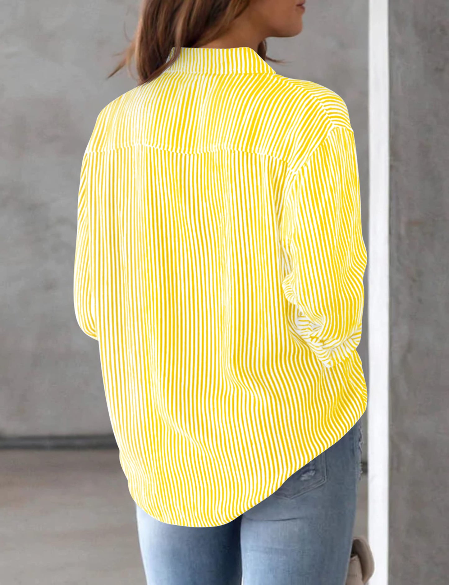 NONSAR Bluse Damen Elegant Langarm Streifenbluse Hemden mit Knöpfen Casual Büro Arbeit Blusen Baumwolle Tunika Hemd Oberteile Tops(9359M,Gelb)