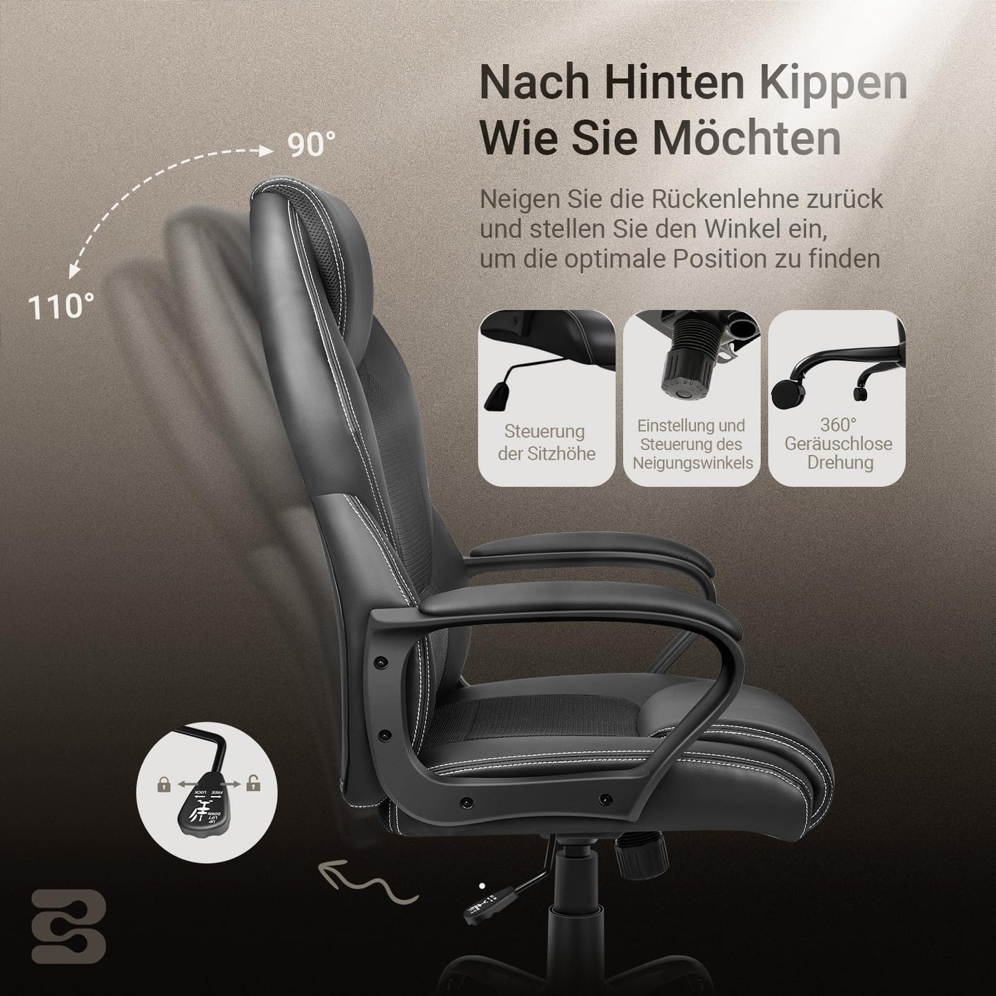 BASETBL Bürostuhl Chefsessel 150kg Schreibtischstuhl, Bürosessel Office Chair Gaming Stuhl, Bürostühle ergonomisch PU Leder, PC Stuhl Drehstuhl Hat weiche gepolsterte Armlehnen, Wippfunktion, schwarz