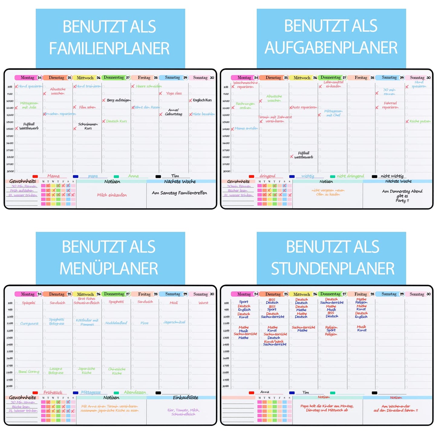 POPRUN Whiteboard Wochenplaner Monatsplaner abwischbar selbstklebend für die Wand, Glas, Holz und Kühlschrank (jede glatte Oberfläche) Familienplaner,Planungstafel,Monatskalender auf Deutsch