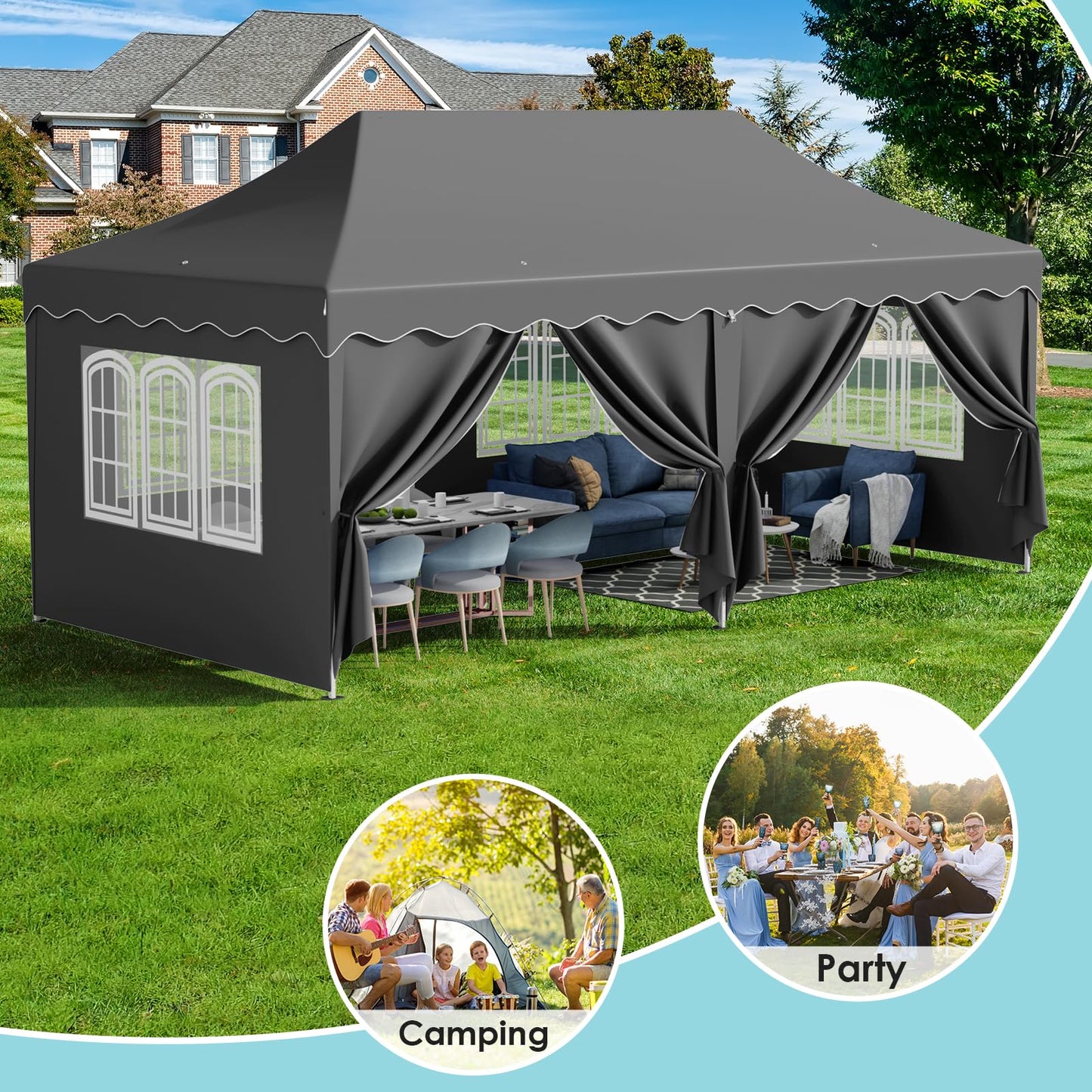 Pavillon 3x6 mit 6 Seitenwänden, Faltpavillon 3x6 Wasserdicht Stabil Winterfest, Faltbar Partyzelt 3x6,UV Schutz 50+ Gartenpavillon,6 Sandsäcke 12 Erdhaken,für Markt,Hochzeiten,Patio (Grau)