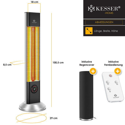 KESSER® Standheizstrahler Infrarot Stand Heizstrahler Inkl. Schutzhülle Wärmestrahler Terrasse Infrarotstrahler Turmheizstrahler 2000W Terrassenstrahler Standheizung mit Fernbedienung Timer Silber