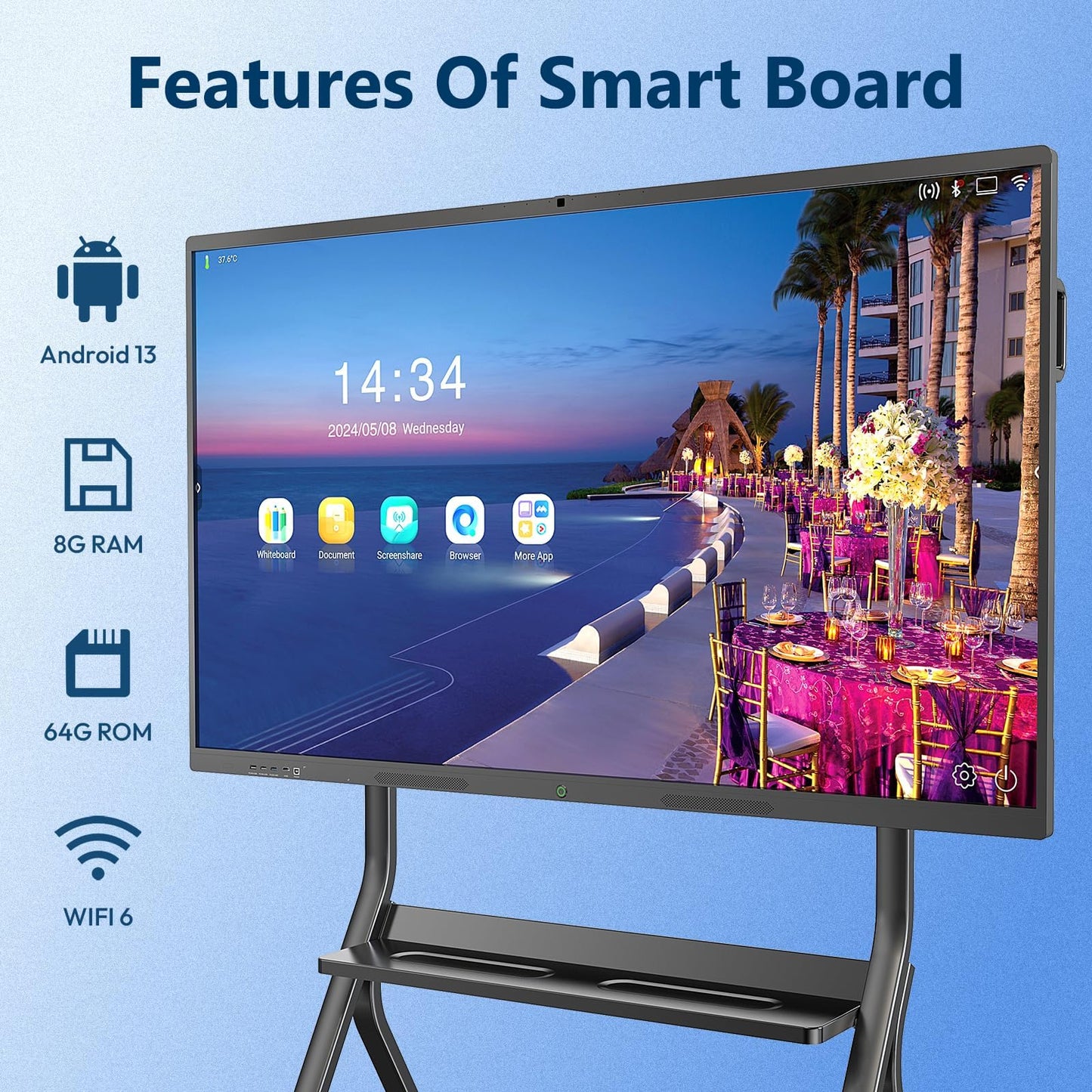 MWE 75 Zoll 4K Touchscreen Interaktives Whiteboard, Elektronische Whiteboard, 8+64GB, Mikrofon, Ultra High Definition Kamera, Unterstützt HDMI, Bluetooth, WiFi