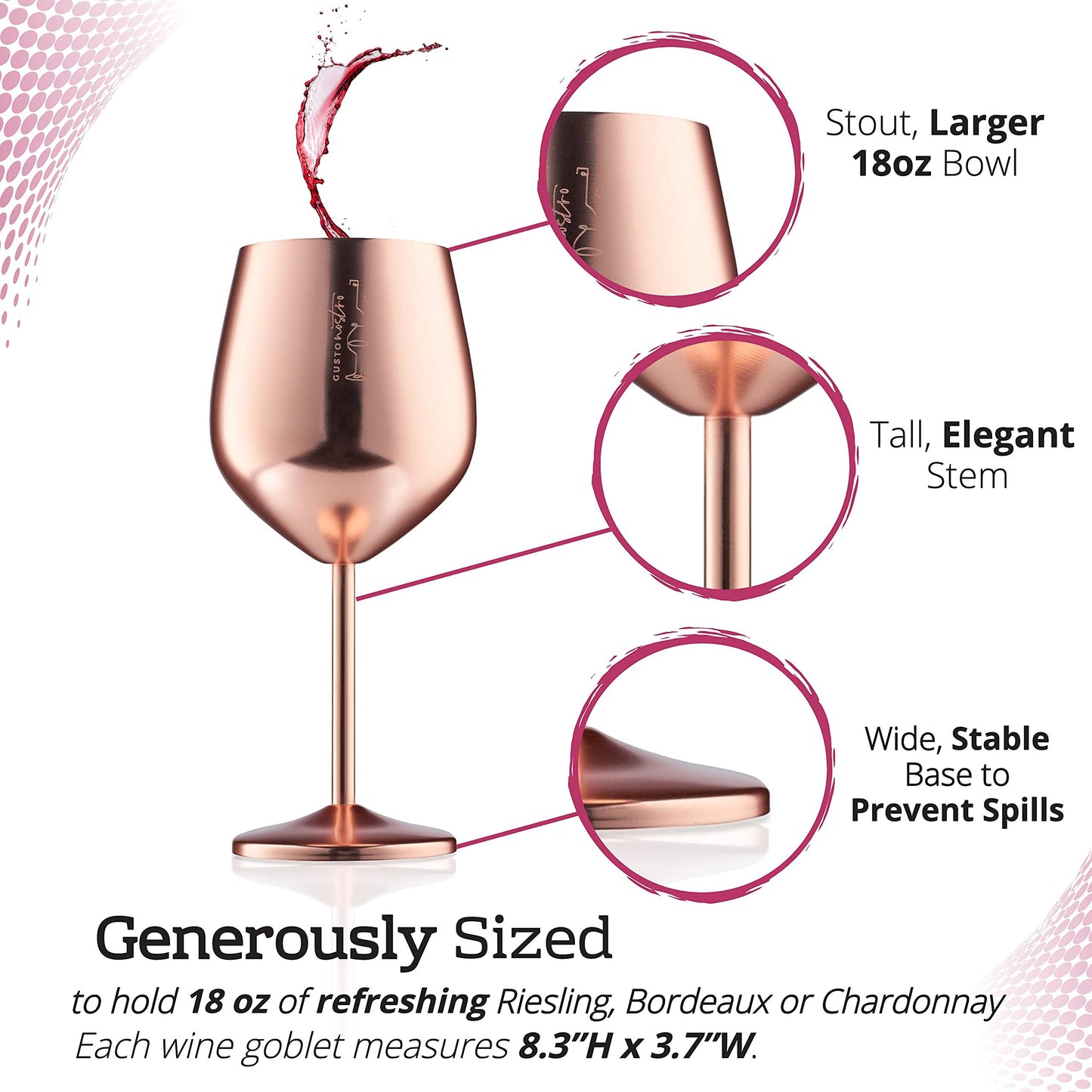 Weingläser mit Stiel aus Edelstahl - Unzerbrechliche Kelche mit 540 ml Fassungsvermögen für Poolpartys im Freien, Jubiläen - Elegantes Trinkgeschirr in Roségold für Champagner und Cocktails (2er Pack)